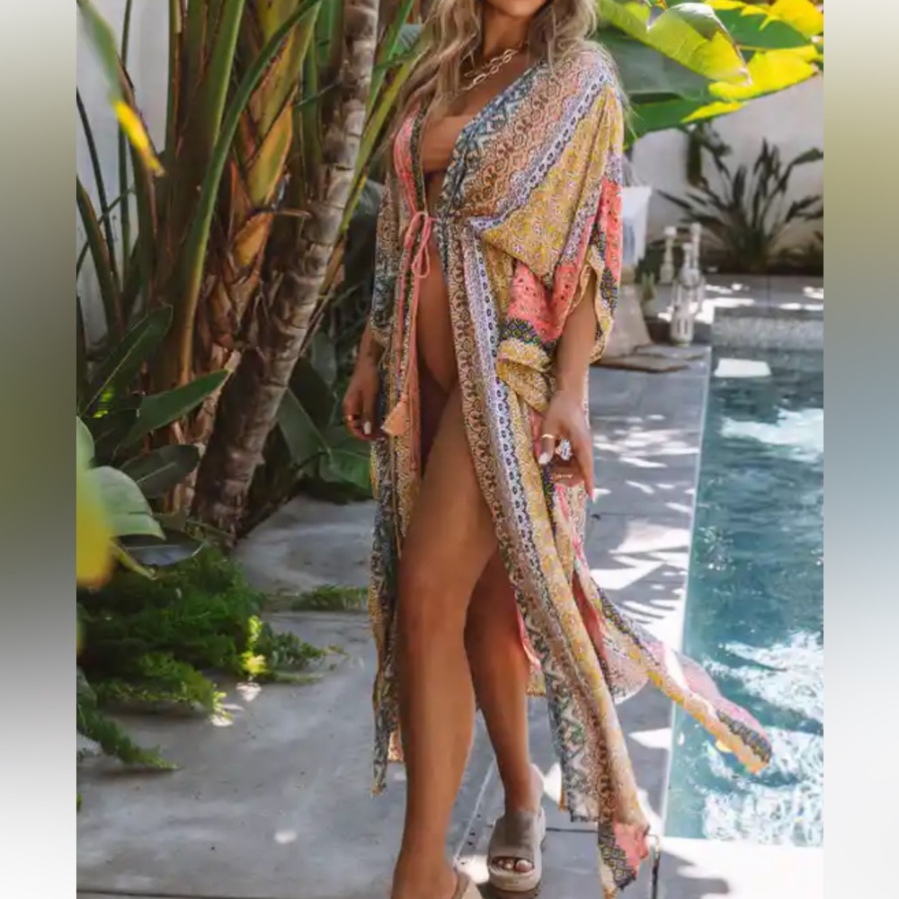 NWT VICI LOVESTITCH TURKS + CACOS PRINTED METALLIC DUSTER KIMONO IN BLUE MULTI